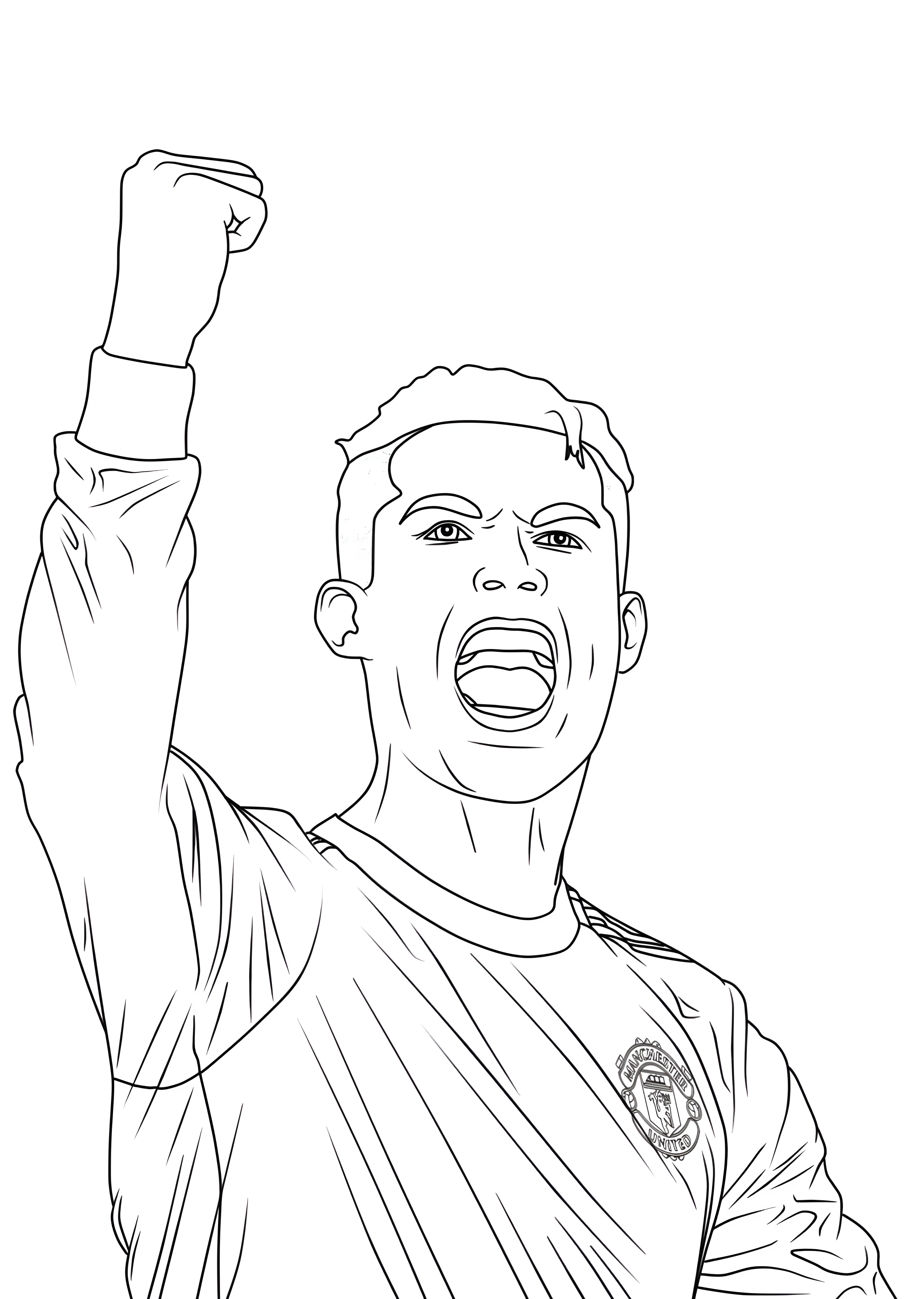 Cristiano Ronaldo levantando un puño con la camiseta del Manchester United, dibujo para colorear.