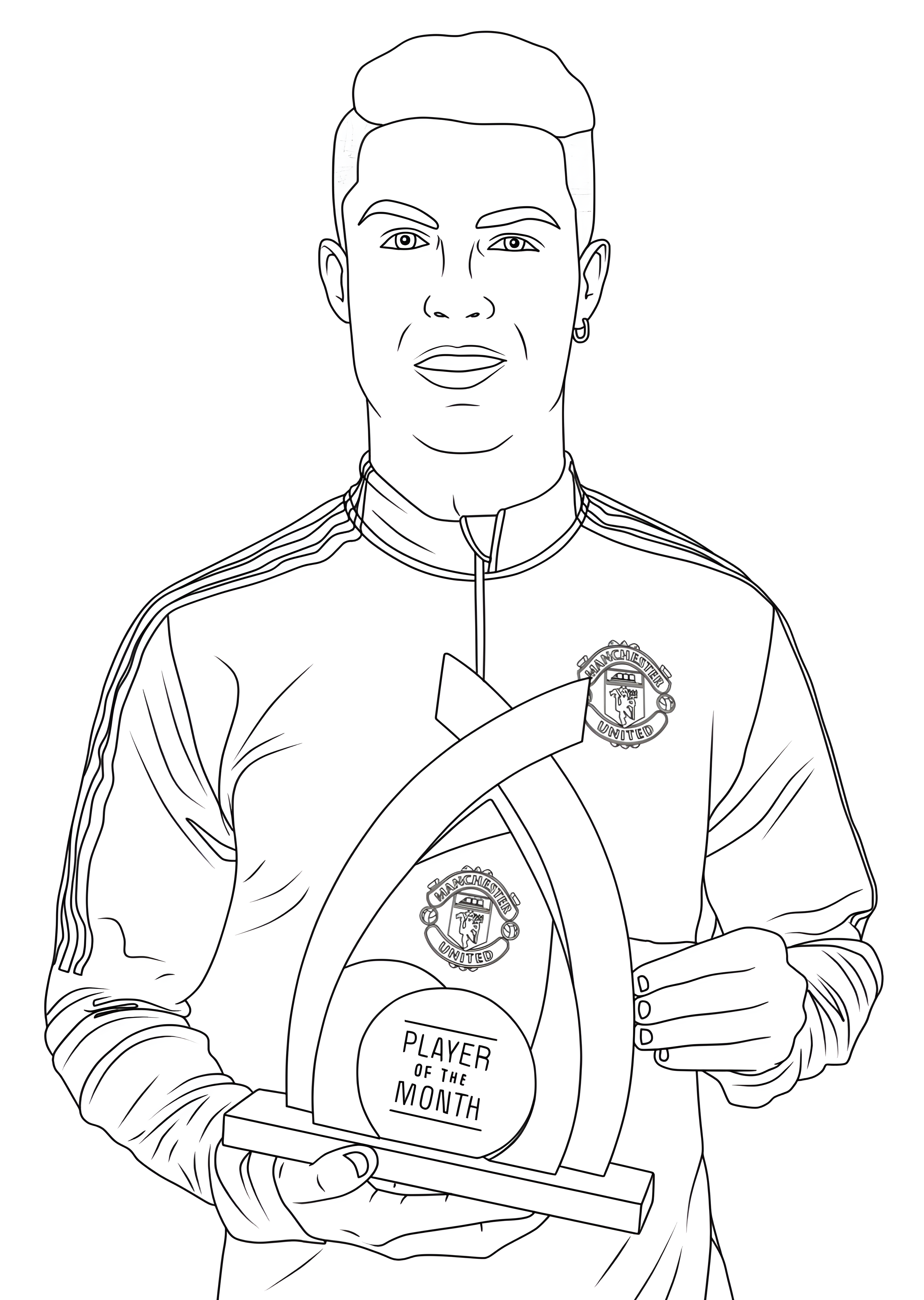 Cristiano Ronaldo sosteniendo un trofeo con el escudo del Manchester United, dibujo para colorear.
