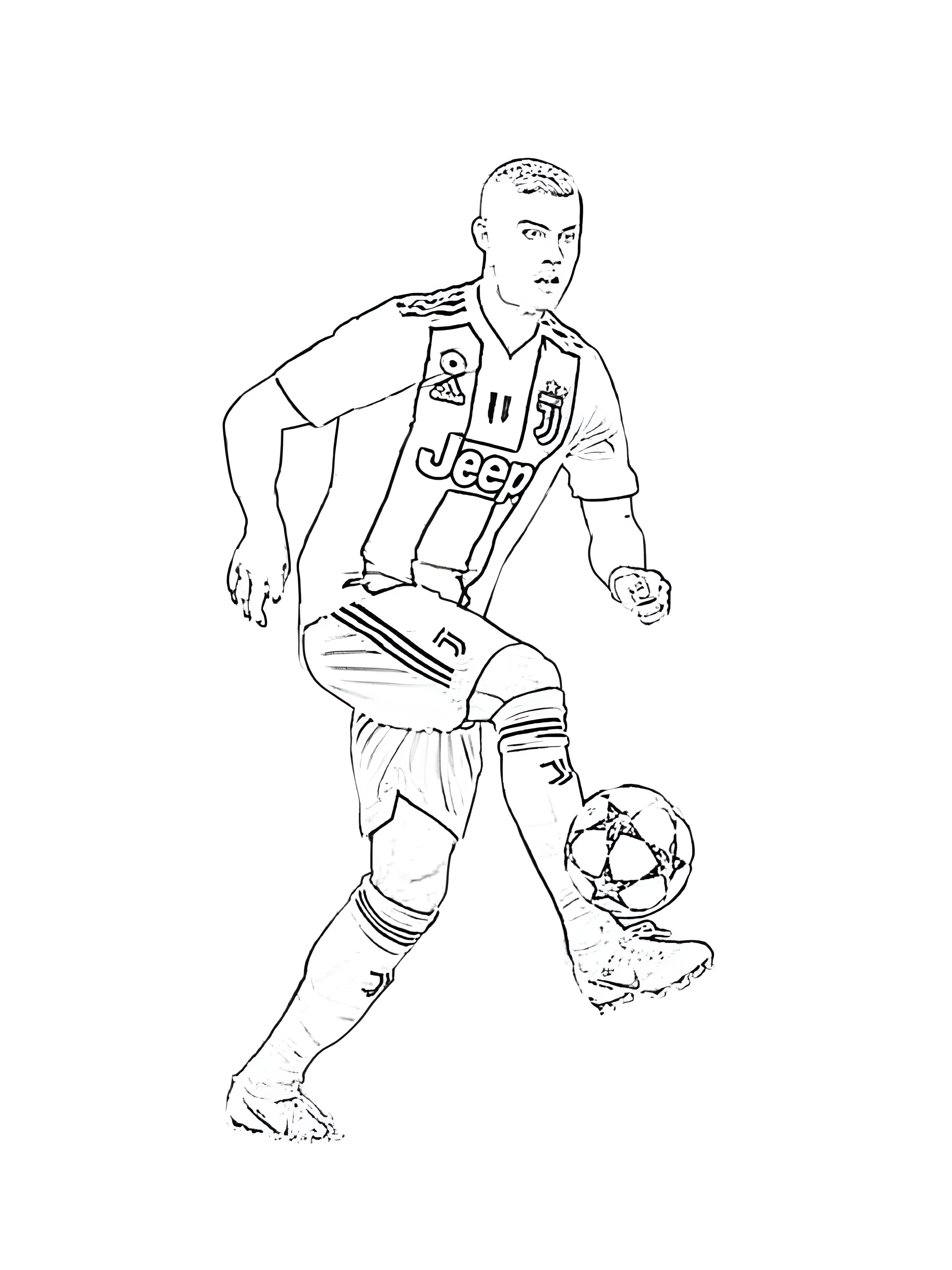 Cristiano Ronaldo levantando una pierna para controlar el balón con la equipación de la Juventus, dibujo para colorear.