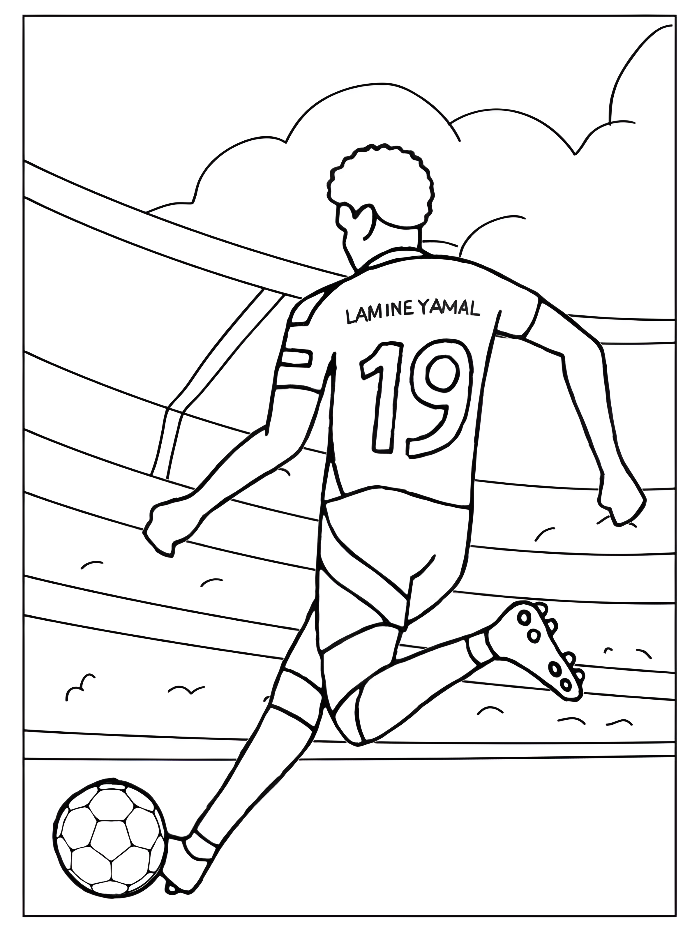 Lamine Yamal de espaldas golpeando el balón, con su nombre y el dorsal 19 en la camiseta, dibujo para colorear.