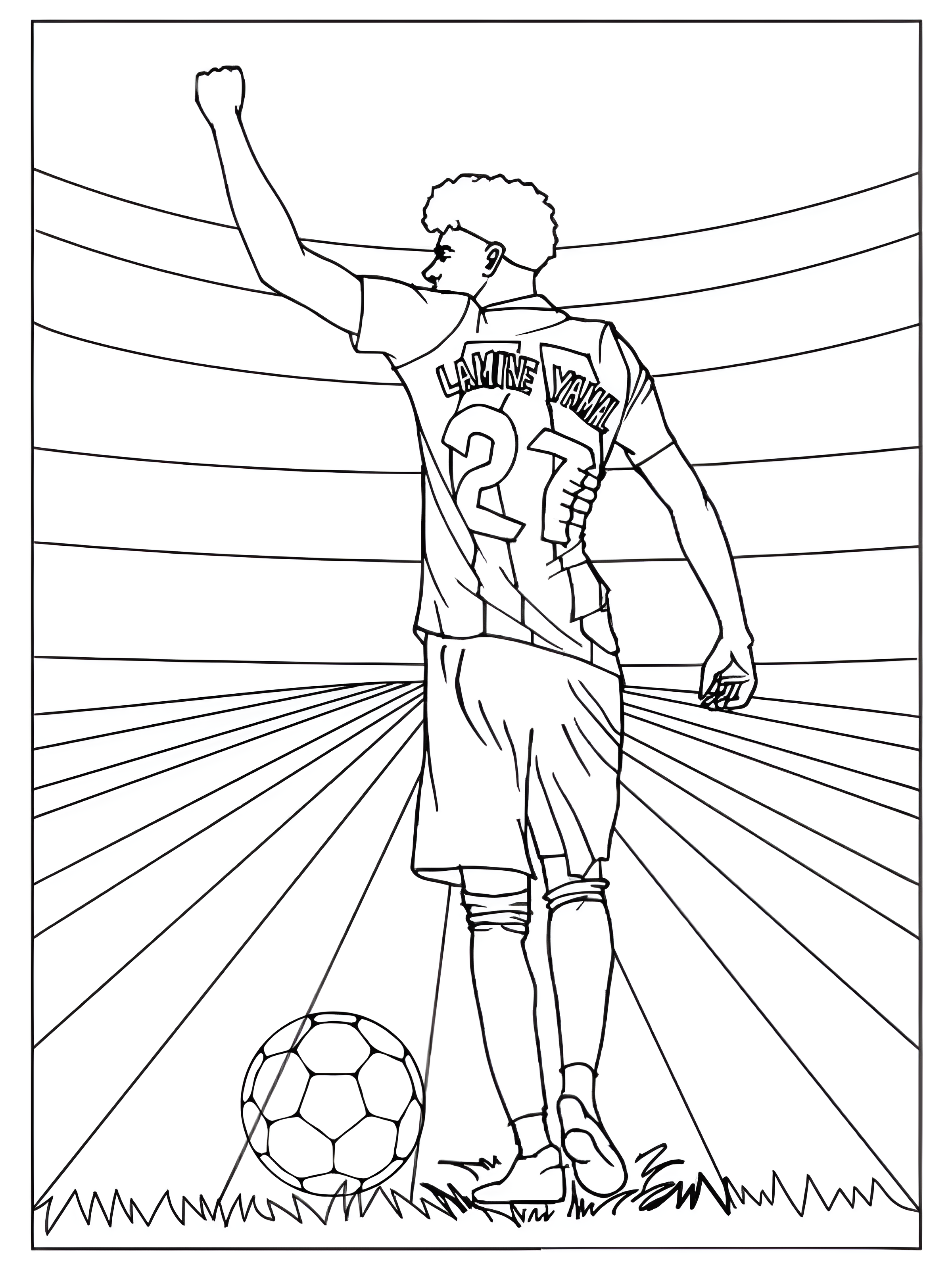 Lamine Yamal de espaldas, con el brazo levantado y un balón a sus pies, dibujo para colorear.