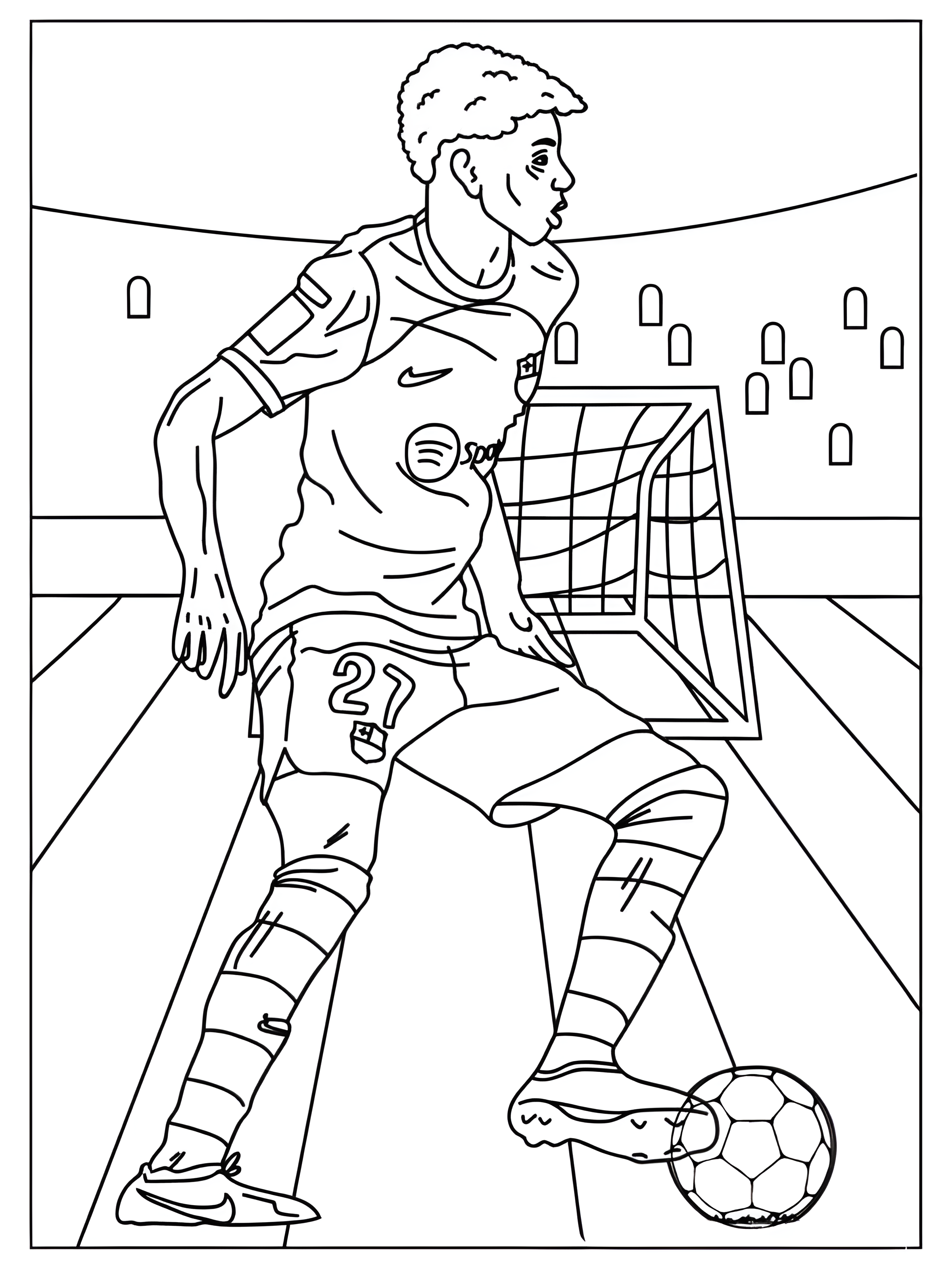 Lamine Yamal controlando un balón con el pie delante de una portería, dibujo para colorear.