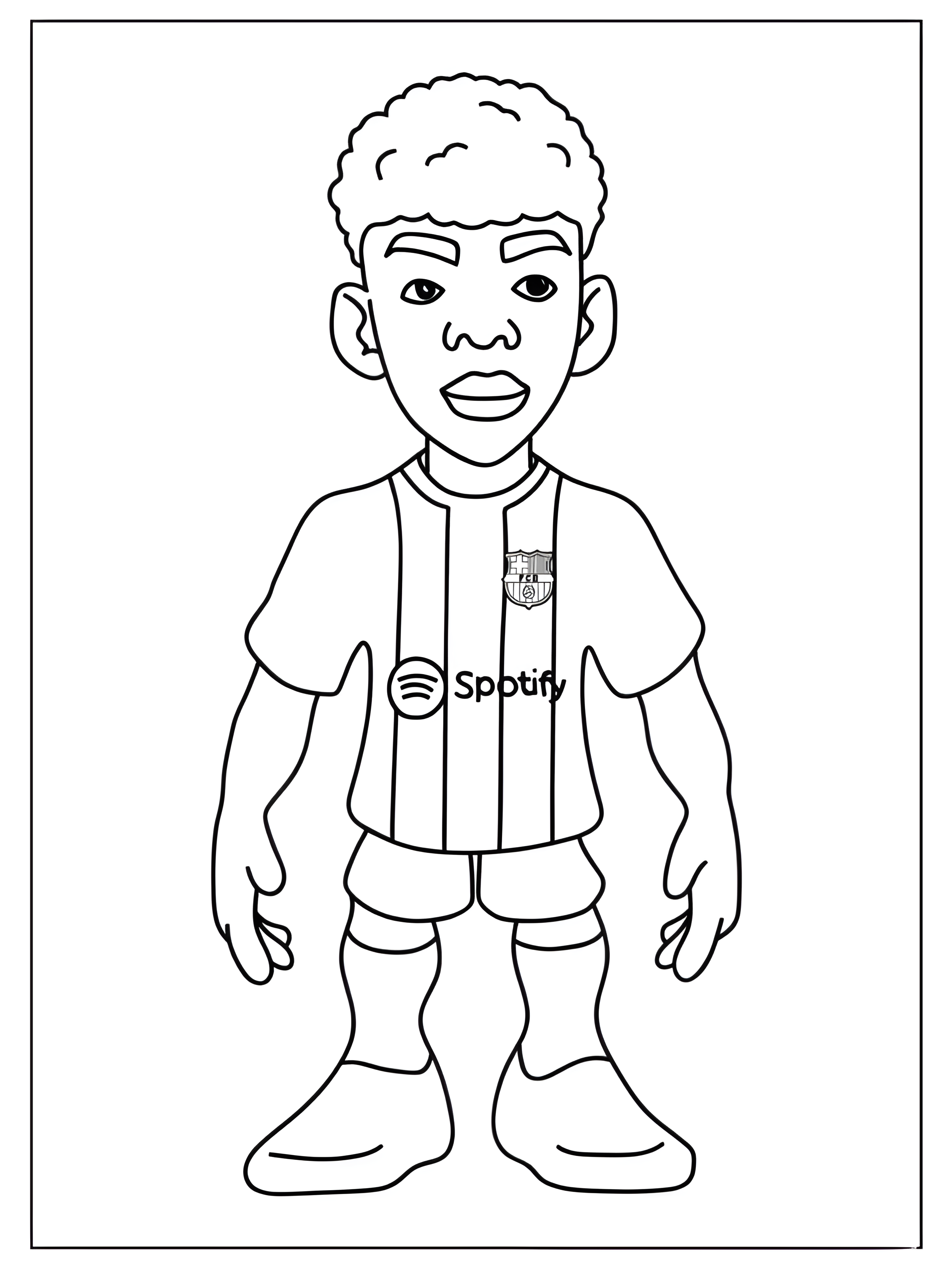 Lamine Yamal en versión de muñeco, de pie con la equipación del Barcelona, dibujo para colorear.