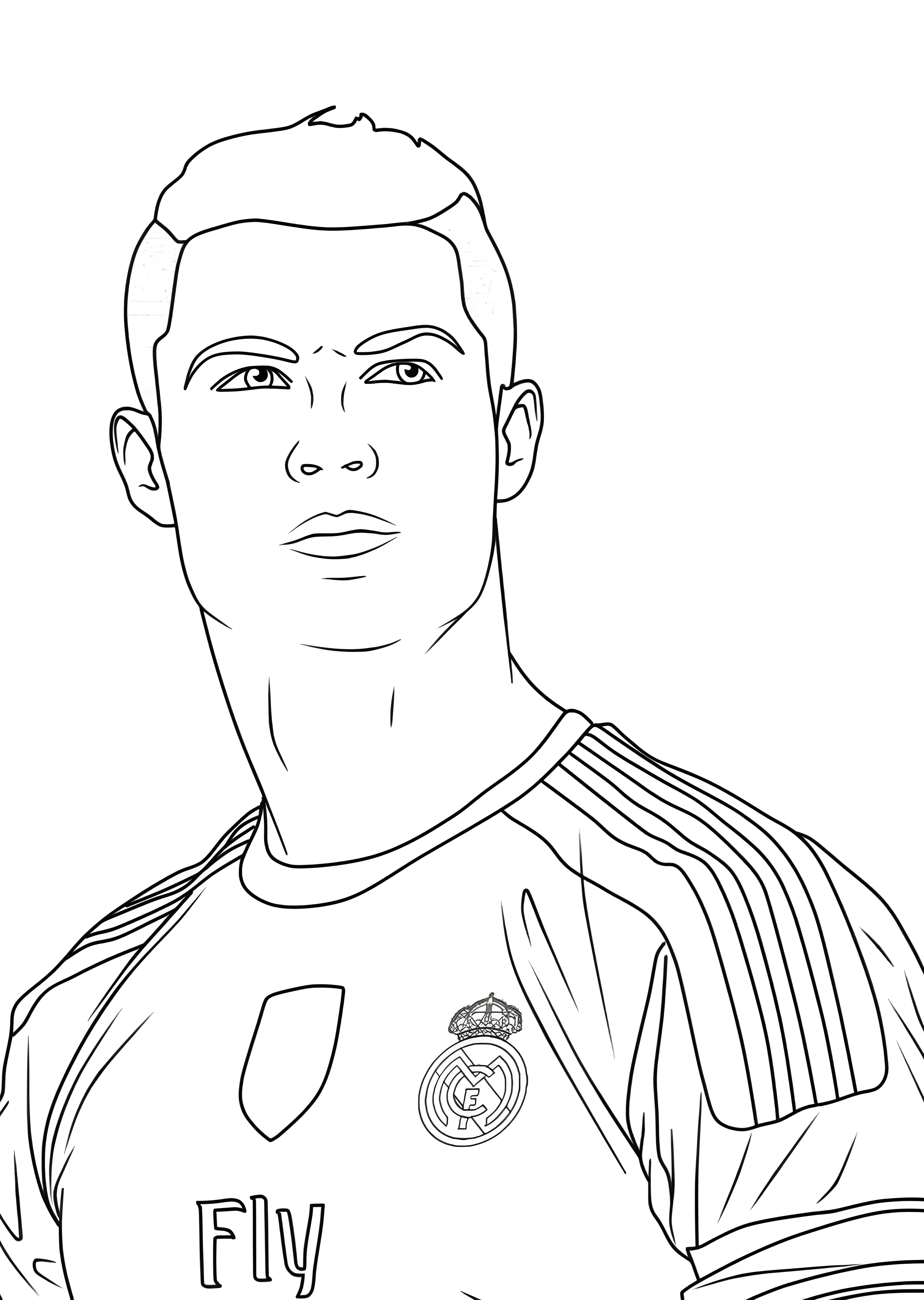 Cristiano Ronaldo con el pelo corto y la camiseta del Real Madrid, dibujo para colorear.