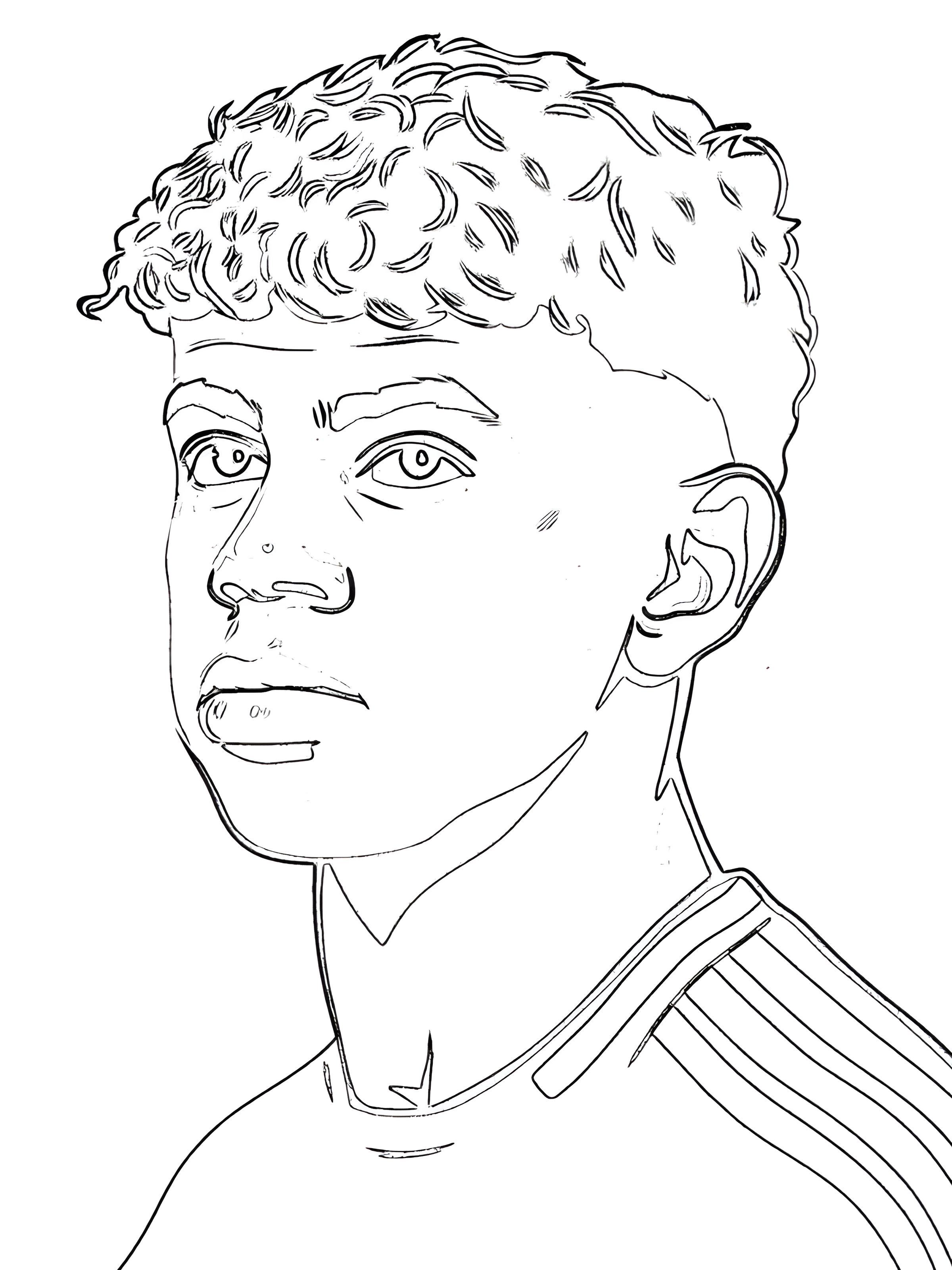 Lamine Yamal de perfil con el pelo rizado y la cabeza girada hacia el espectador, dibujo para colorear.