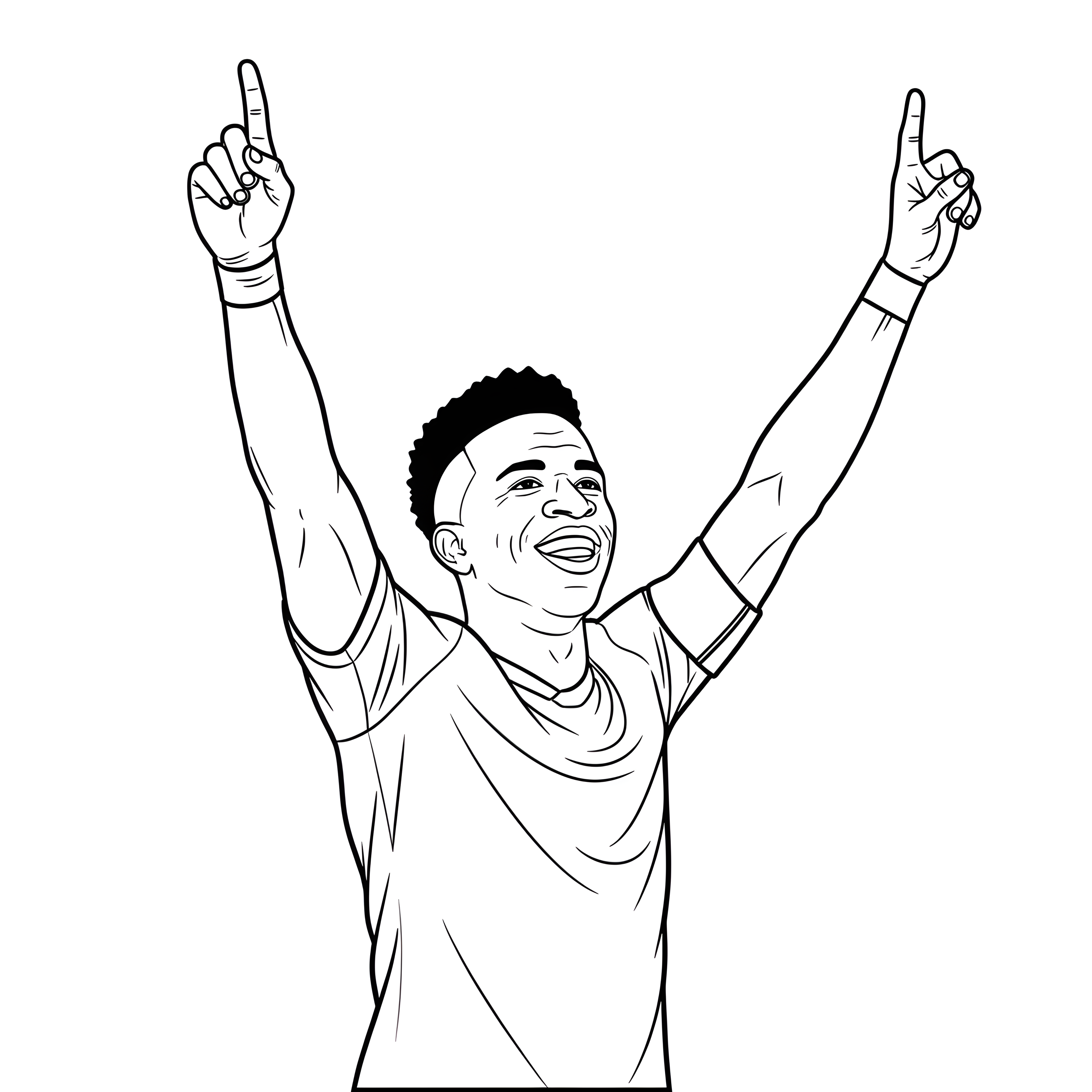 Vinícius Jr. sonriente con los brazos levantados y los índices apuntando hacia arriba, dibujo para colorear.