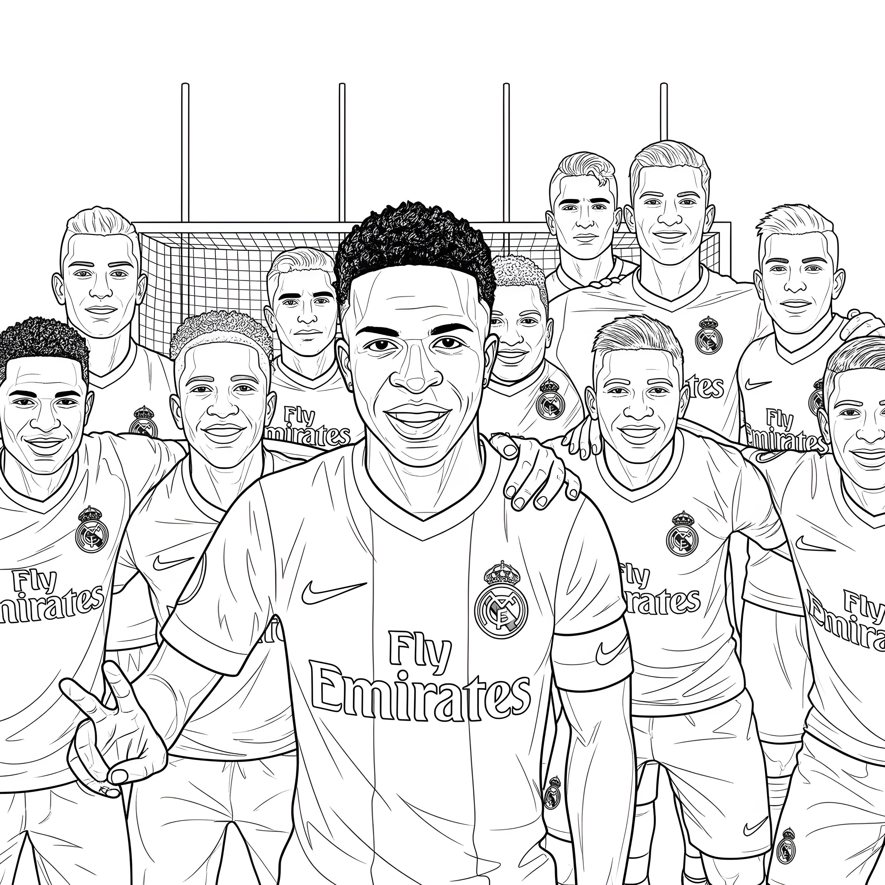 Vinícius Jr. en primer plano junto a sus compañeros con camisetas del Real Madrid, dibujo para colorear.