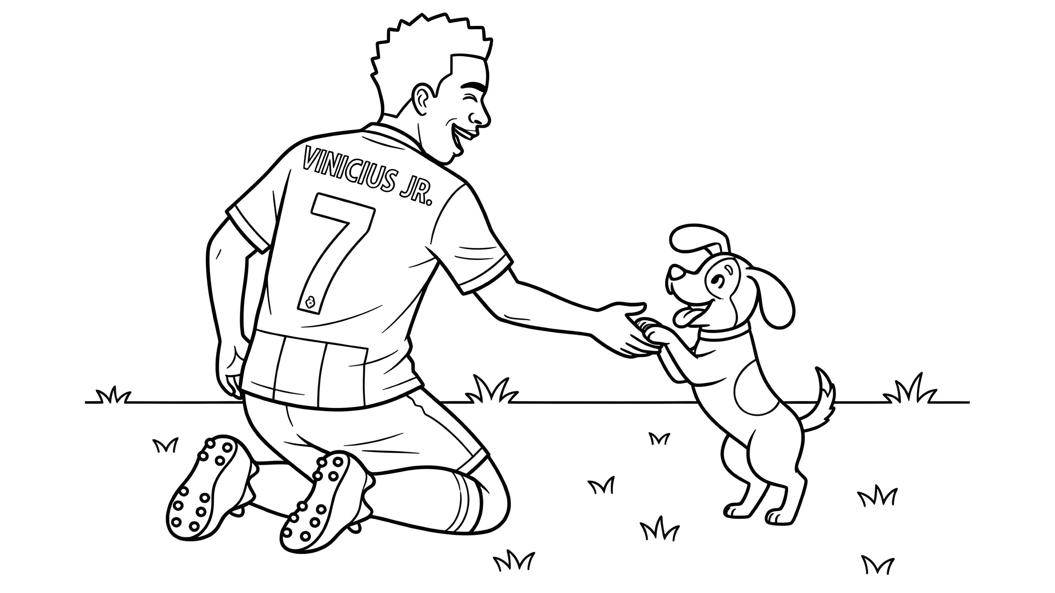 Vinícius Jr. arrodillado dando la pata a un perrito, con su nombre y el dorsal 7 en la camiseta, dibujo para colorear.