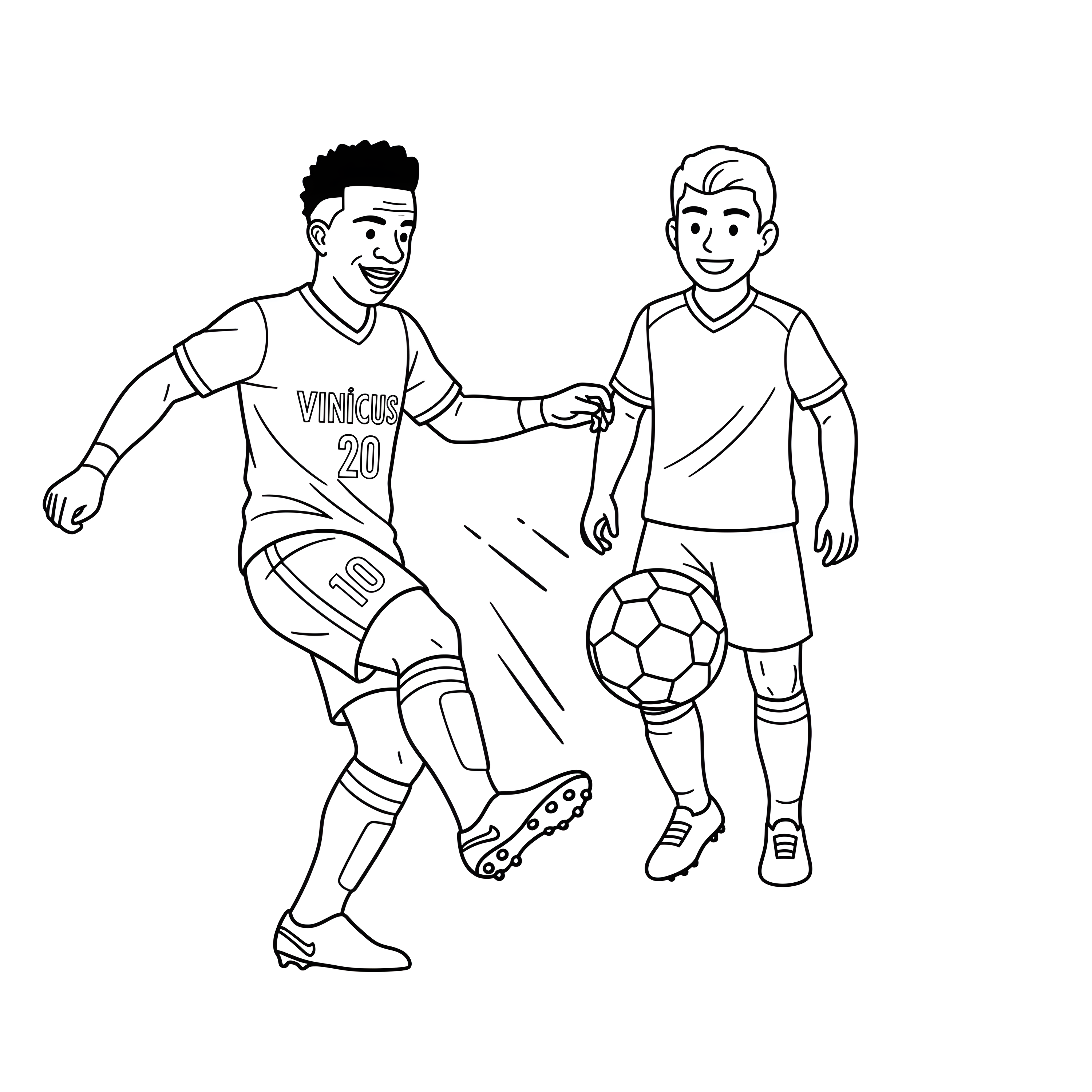 Vinícius Jr. con un balón junto a otro futbolista, dibujo para colorear.