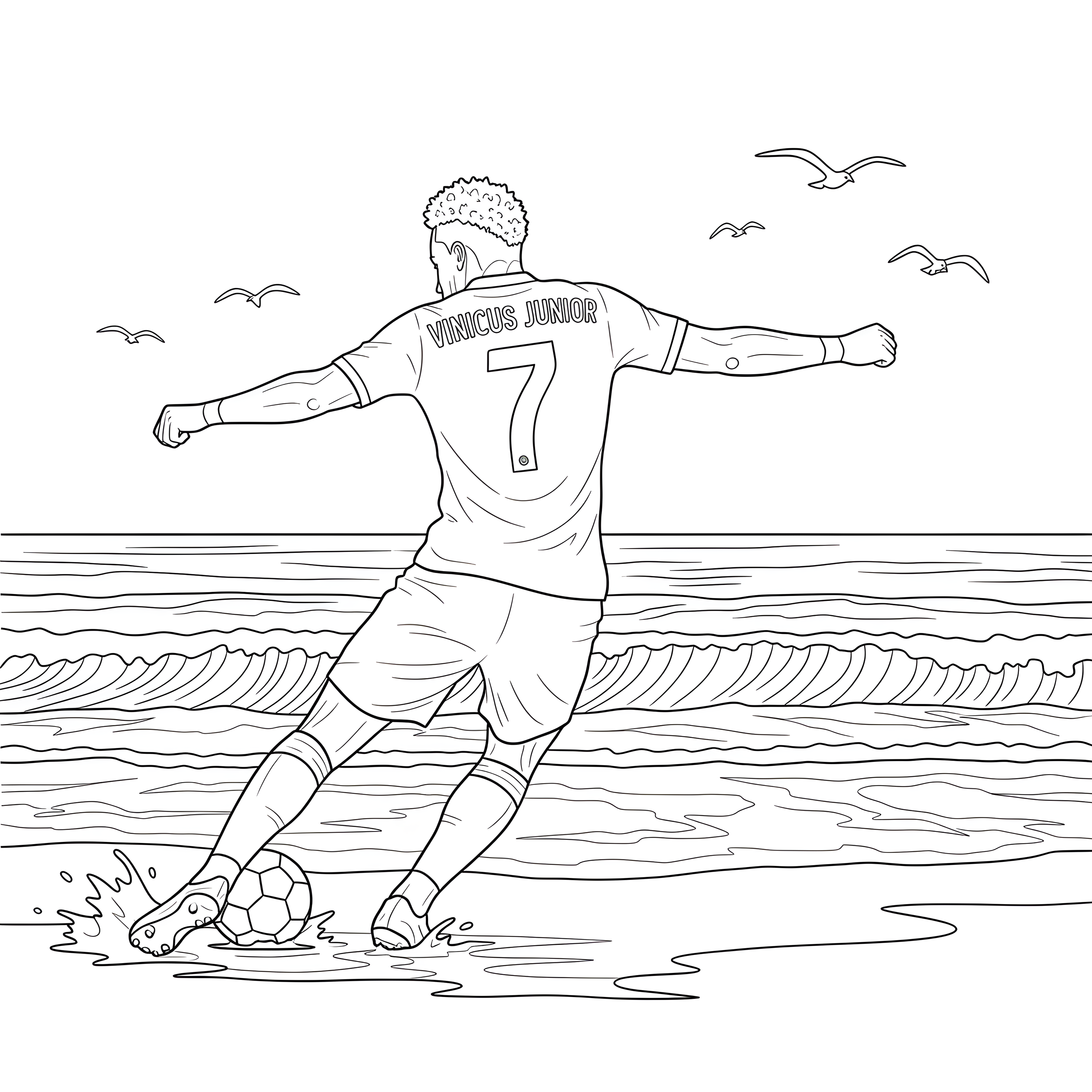 Vinícius Jr. de espaldas con el dorsal 7, jugando con un balón junto al mar, dibujo para colorear.